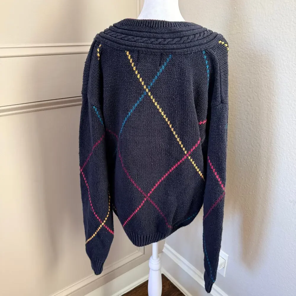 Vintage Sears Roebuck Navy Diamond Knit V-Neck Sweater Size XL Academia Preppy